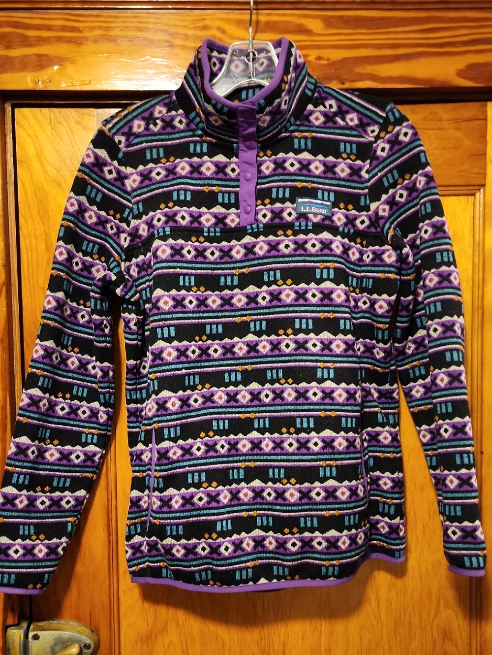 L.L. Bean Purple, Black & Teal Geometric Fleece Pullover